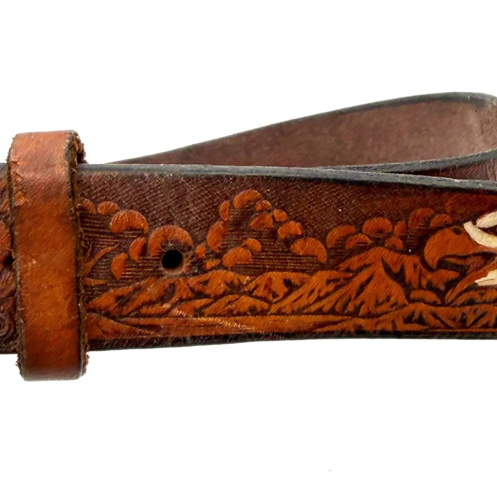 Vintage Tooled Leather Eagle Belt Unisex 36 Brown Western Mountains Distressed